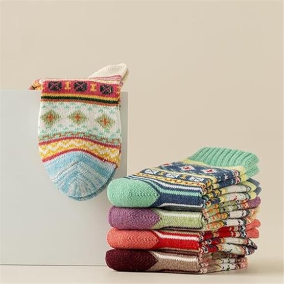 New 5 Pairs Wool Socks for Women - Cute Fuzzy Warm Colorful Crew Socks - Picture 3 of 7